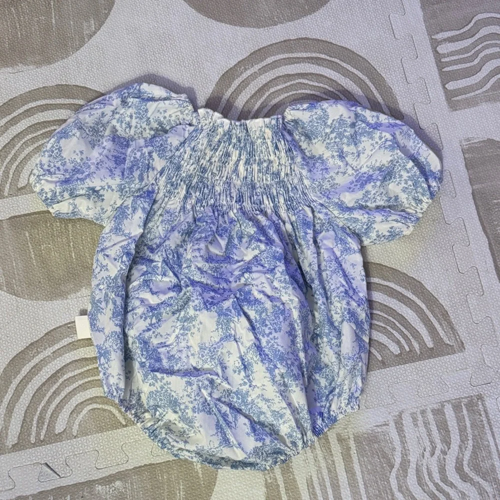 Smocked Puff-Sleeve Baby Romper in Blue Toile